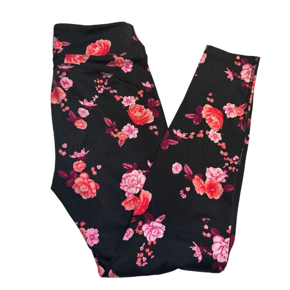 Victoria's Secret PINK Leggings Small Black Pink Floral Design Ultimate Ankle